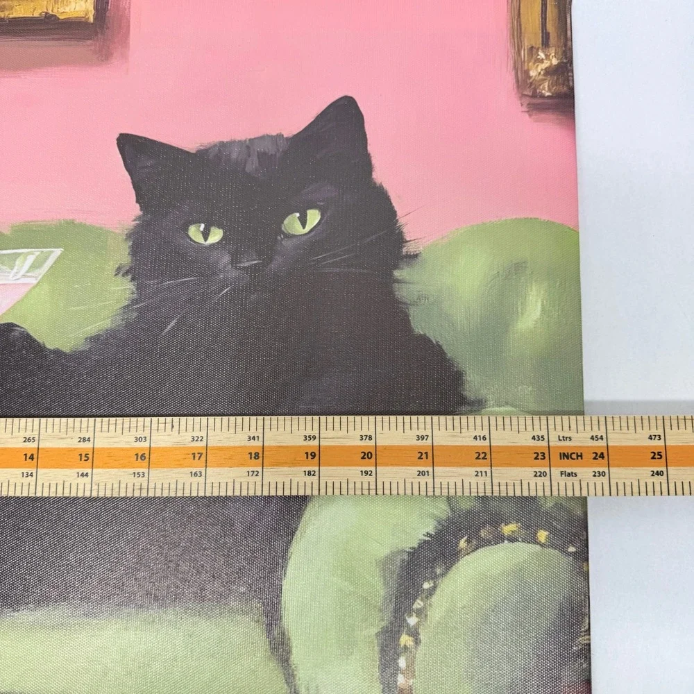 Black Cat Martini Canvas Wall Art Pink Green Whimsical Decor 16x24